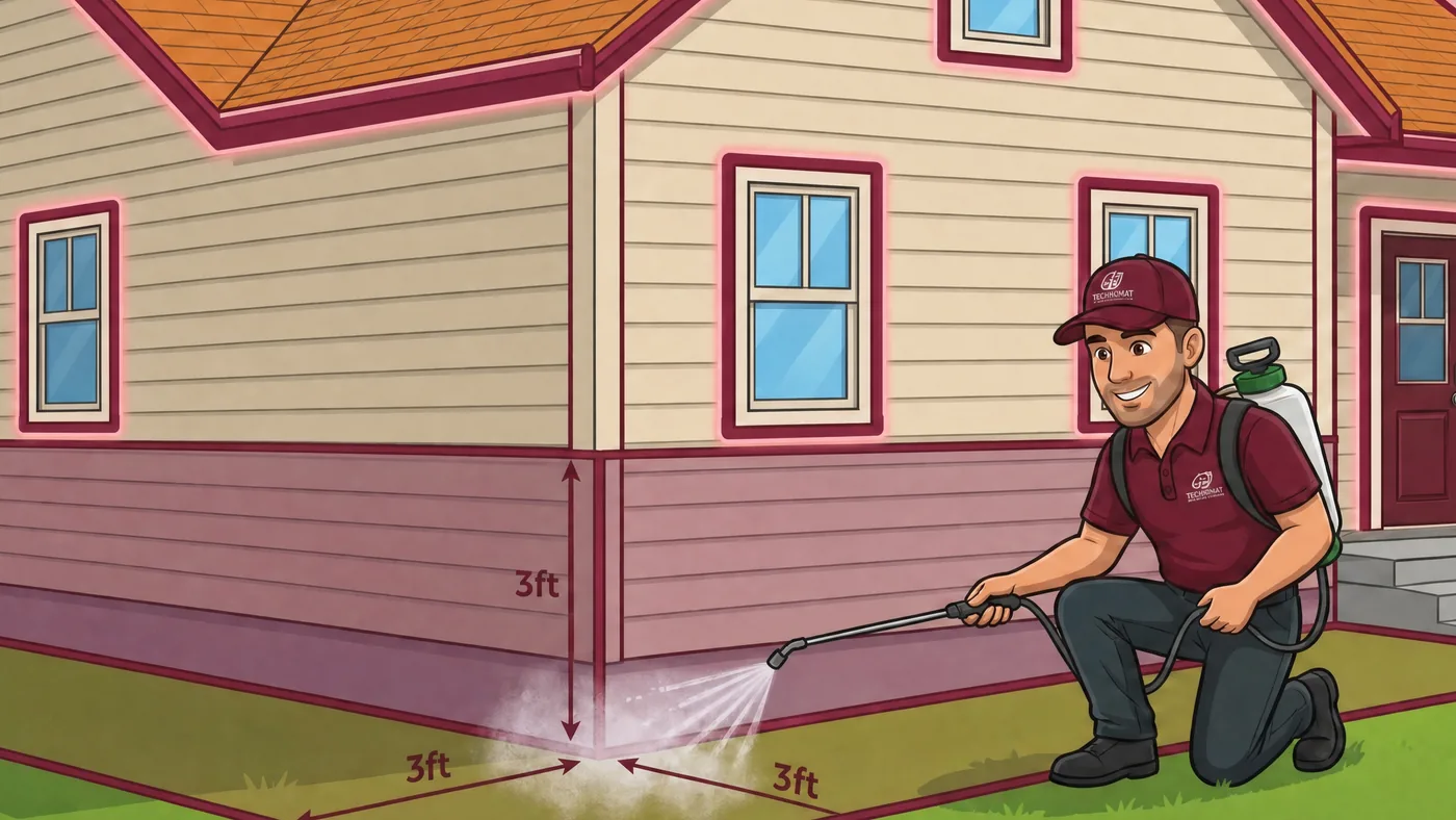Honorable Pest Control technician treating a house foundation three feet up and three feet out, plus the band around every window, door and the roofline