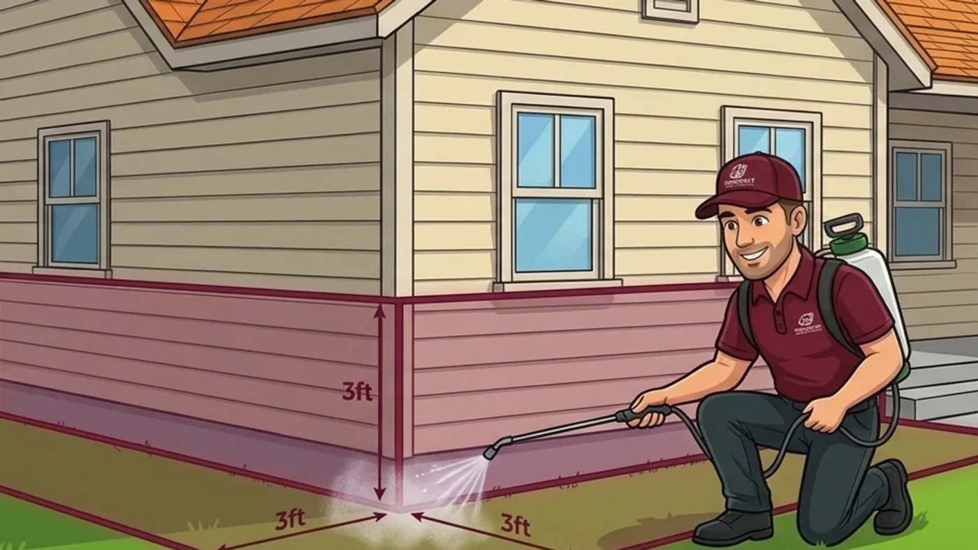 Honorable Pest Control technician treating a house foundation three feet up and three feet out