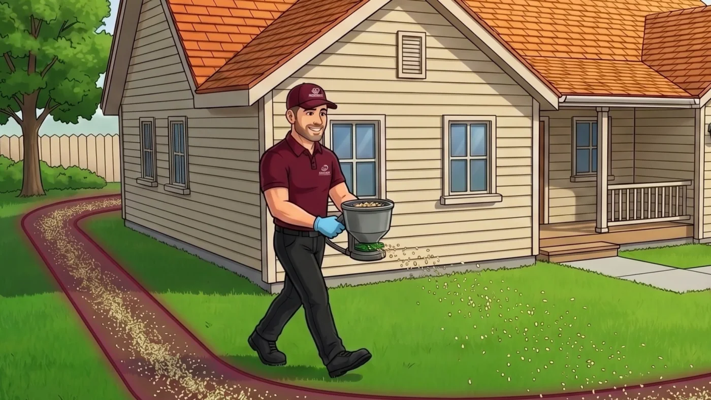 Honorable Pest Control technician spreading the granular yard moat across a lawn
