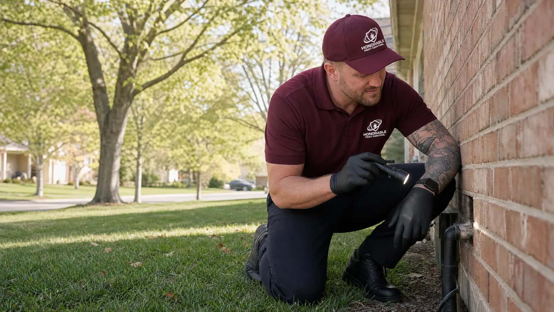 Honorable Pest Control technician checking a pipe gap in a brick foundation with a flashlight
