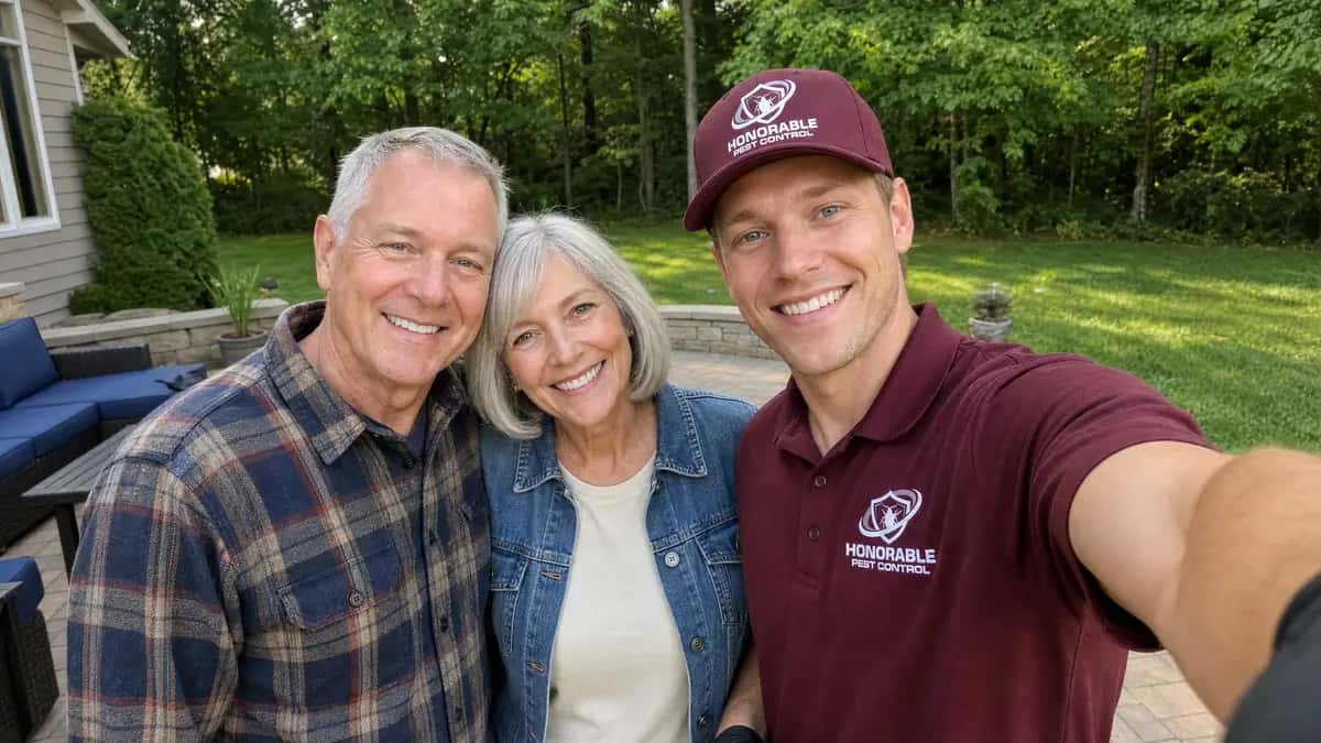 Honorable Pest Control technician taking a selfie with homeowners on their back patio after a service visit
