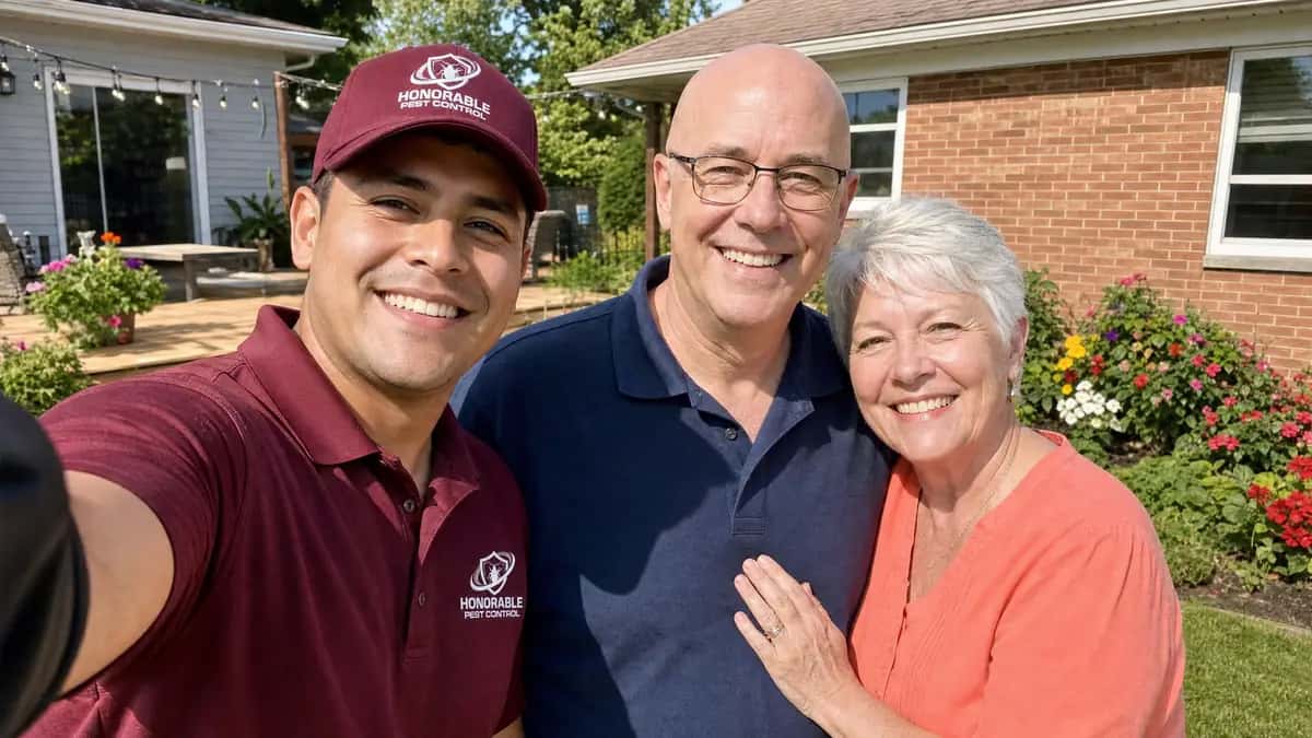Honorable Pest Control technician taking a selfie with homeowners in their backyard after a service visit