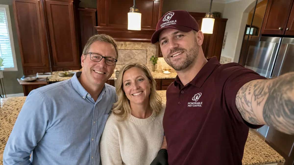 Honorable Pest Control technician taking a selfie with homeowners in their kitchen after a service visit